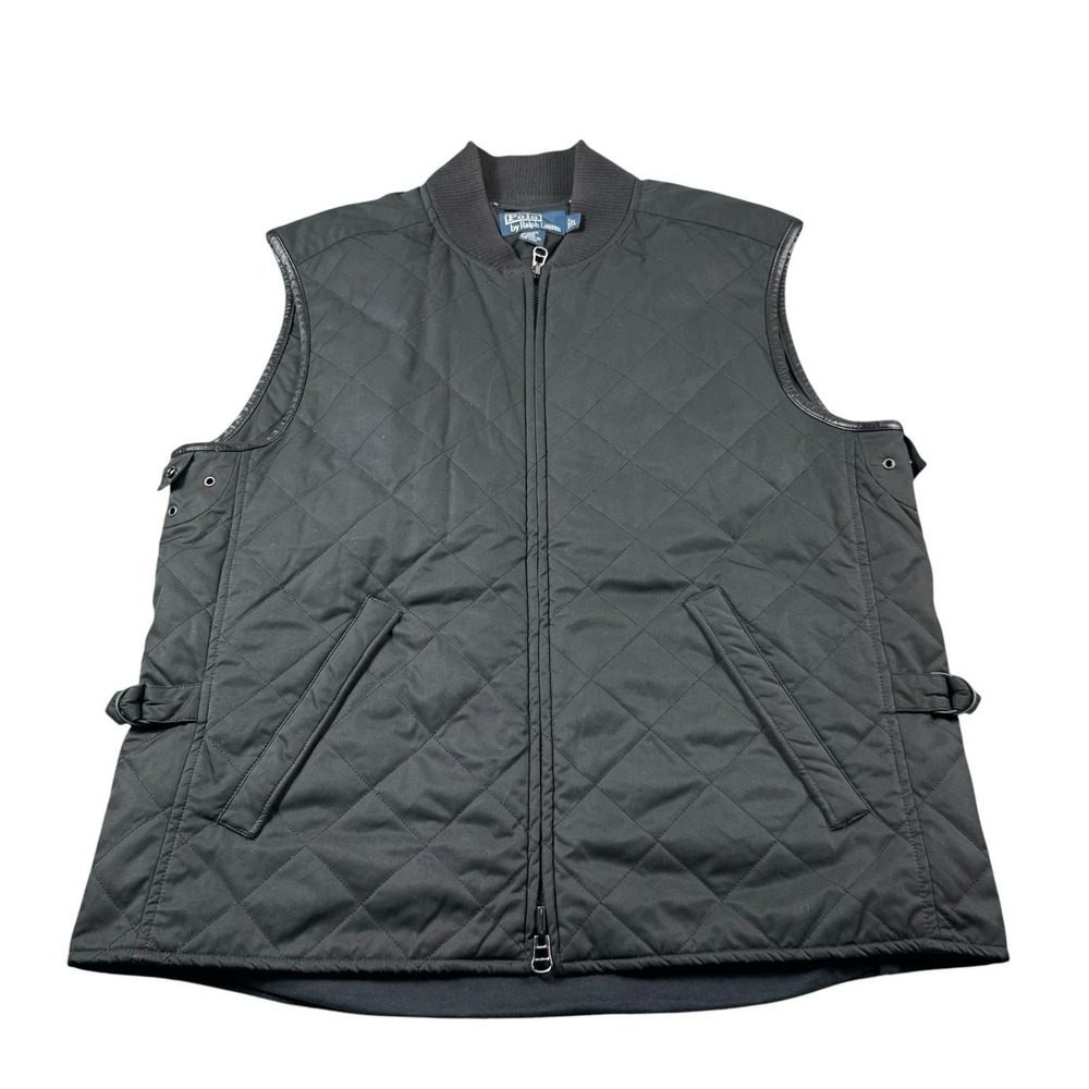 Polo Ralph Lauren Black Quilted Leather Trim Men's Full Zip Vest Size Large